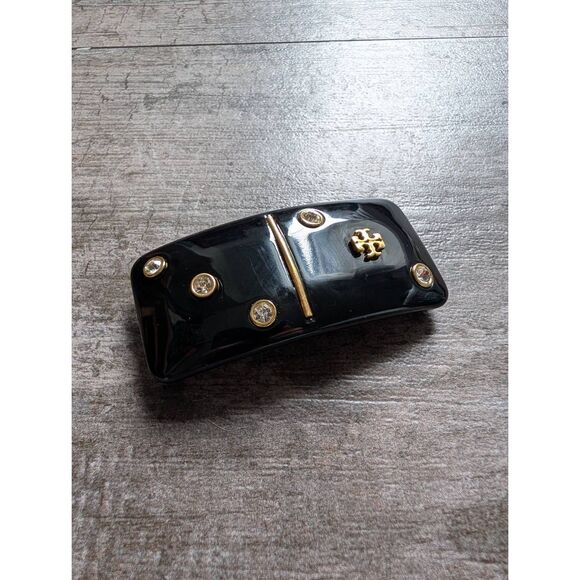 TORY BURCH Kira Black Domino Gold Logo Studded Barrette Hair Clip